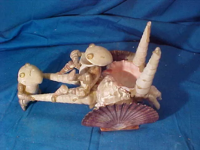 1920s FROG Figural SEASHELL ART -2 FROGS Pulling a CART