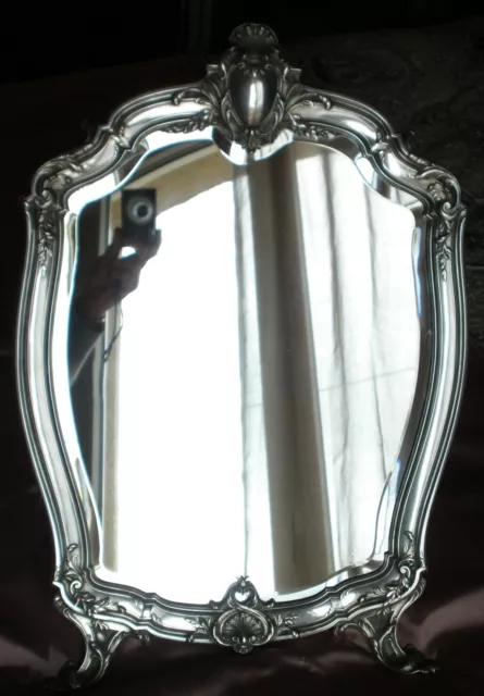 Grand miroir de table argent massif Minerve sur fond bois - Belle époque