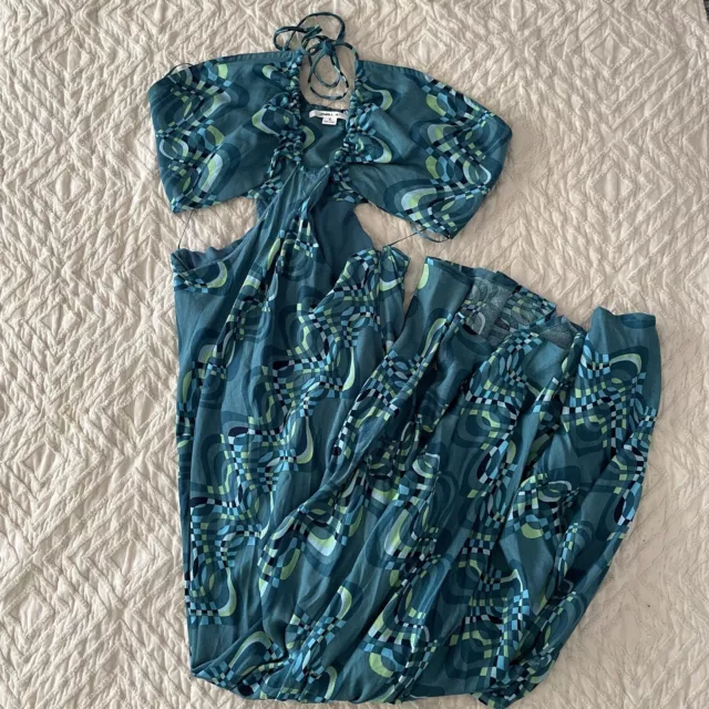 O’Neill Women’s Lila Geometric Printed Cutout Halter Green Blue Maxi Dress XL