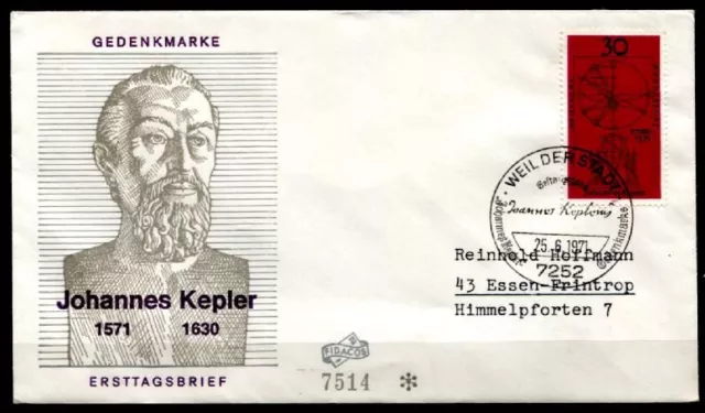 Astronom Johannes Kepler. FDC(2)-Brief. Weil der Stadt. BRD 1971