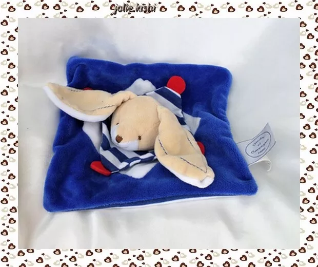 Doudou Peluche Plat Lapin Marin Beige Bleu Blanc Col Rayures Doudou Et Compagnie