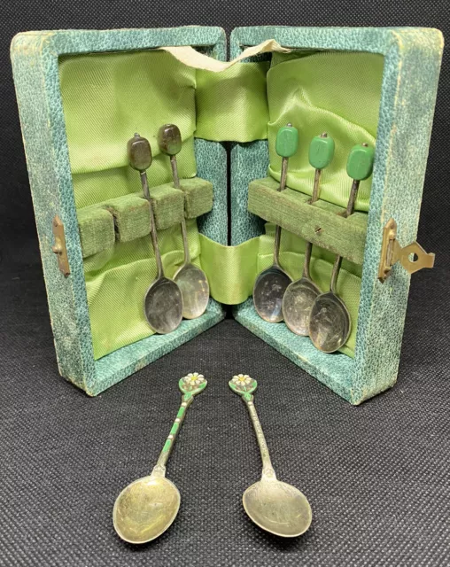 Rare Vintage Jade Topped Coffee Spoons In Box Inc 2x Enamel Daisy Spoons 1930’s?