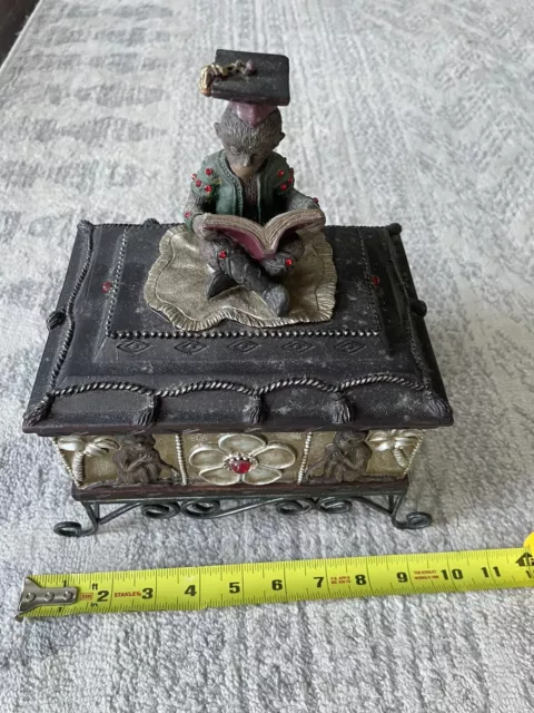 Vintage Dezine Monkey Resin Trinket Box Reading On Metal Stand- Heavy