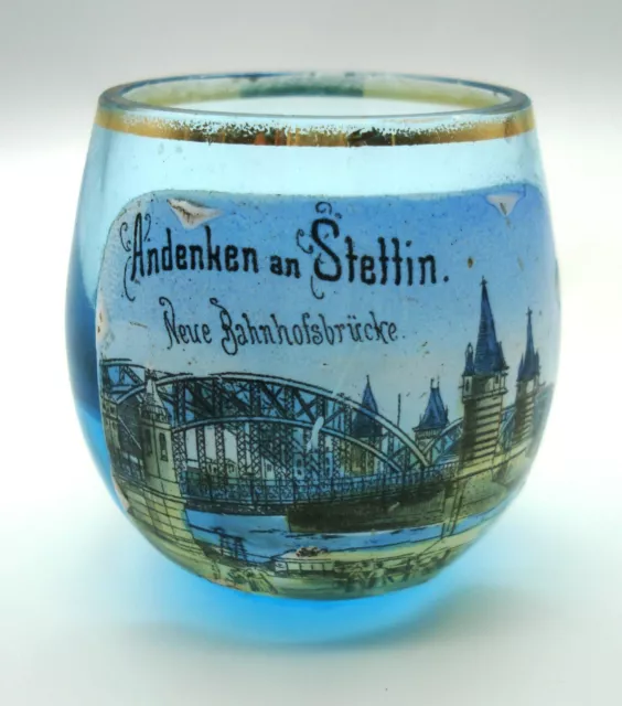 altes antikes Glas Andenken an Stettin Neue Bahnhofsbrücke /  Szczecin Pommern