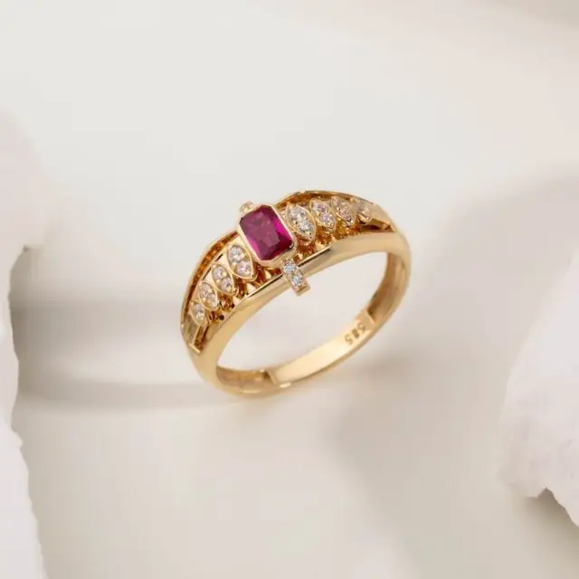 14K Solid Gold Natürliche Rubin Und Diamanten Edelstein Zierliche Ehering