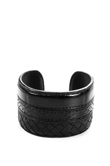 Bottega Veneta Womens Snakeskin Trim Intrecciato Leather Cuff Bracelet Black
