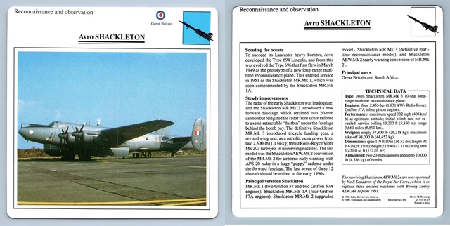AVRO SHACKLETON - Recon. & Obs - Warplanes Collectors Club Card $2.32 ...