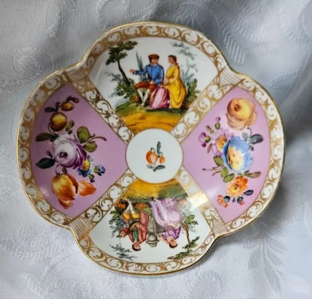 Augustus Rex 19.C Antique Dresden Quatrefoil Pink Saucer Watteau Helena Wolfsohn