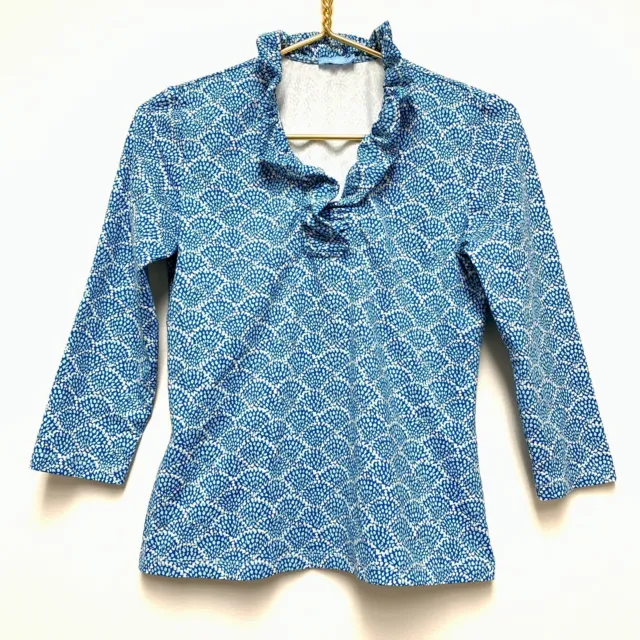 J.McLaughlin Durham Ruffle Top Blue Print Catalina Cloth 3/4 Sleeve Size XS