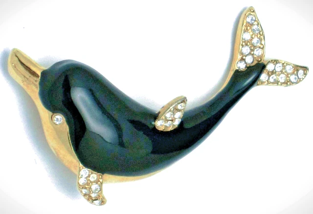 Signed KJL DOLPHIN BROOCH Pin Rhinestone Black Enamel Costume Jewelry