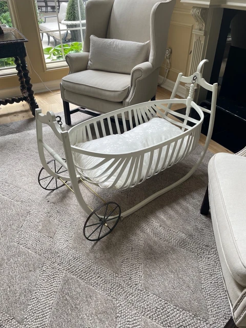 Antique harvest field cradle, painted white bent wood with wheels. EXCELLENT