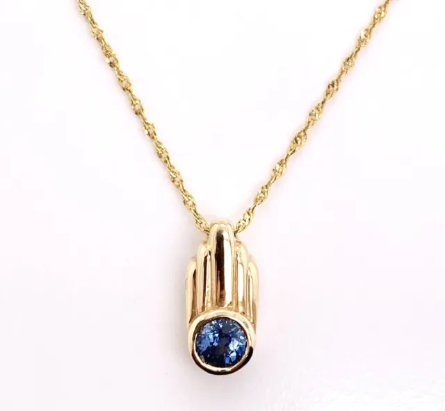 14K Yellow Gold Genuine Blue Sapphire Bezel Set Pendant With 16" Chain 2.1 Grams