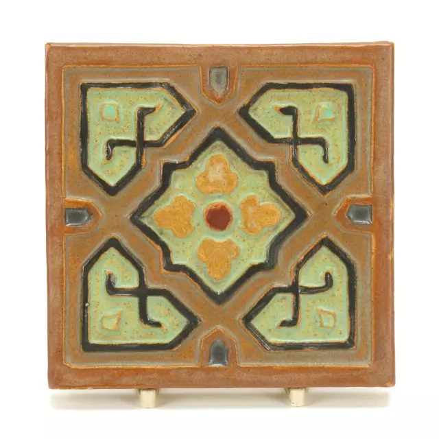 California Art Tile attrib. to S&S 5x5 Moorish design ochre green arts & crafts