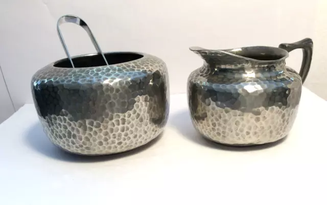 Vintage Hammered Pewter Sugar Bowl & Milk Jug "Best English Pewter" with Tongs