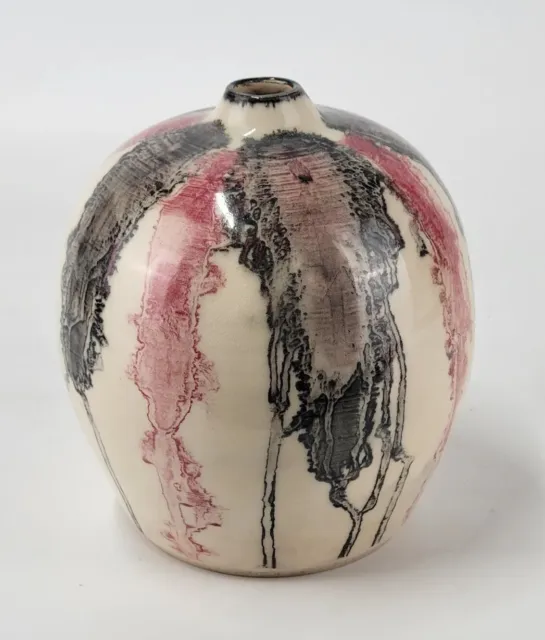 Hand Thrown Studio Art Pottery Vase Round Rust Drip Glaze