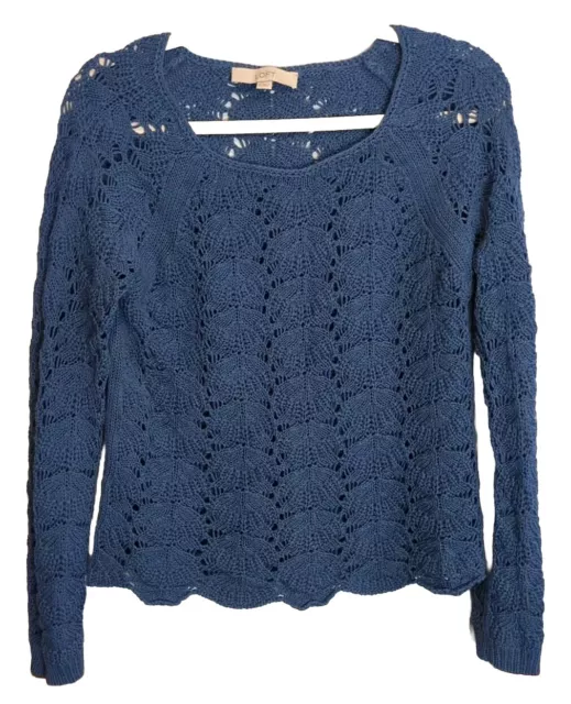 Ann Taylor Sz.Medium EUC Womens Crochet Long Sleeve Pullover Cotton Sweater Blue