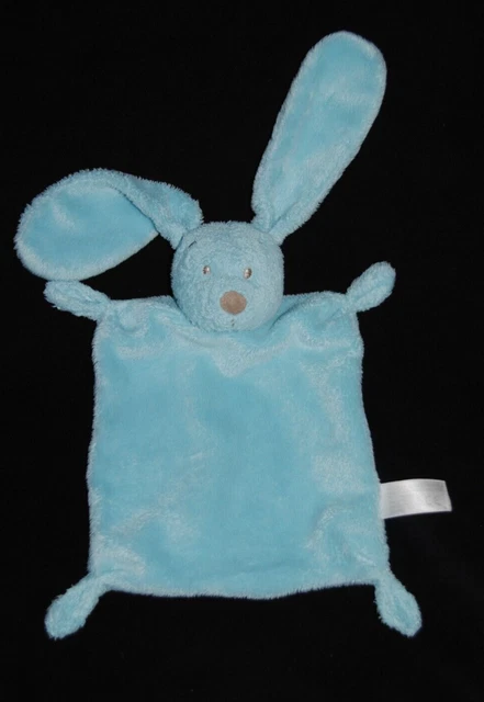Doudou plat lapin bleu turquoise NICOTOY SIMBA TOYS KIABI nez brun gris TTBE