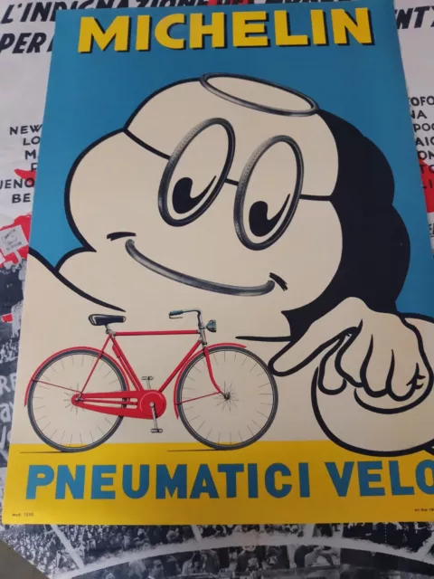 Manifesto poster pubblicitario Pneumatici velo Michelin gomme auto bici 1970s