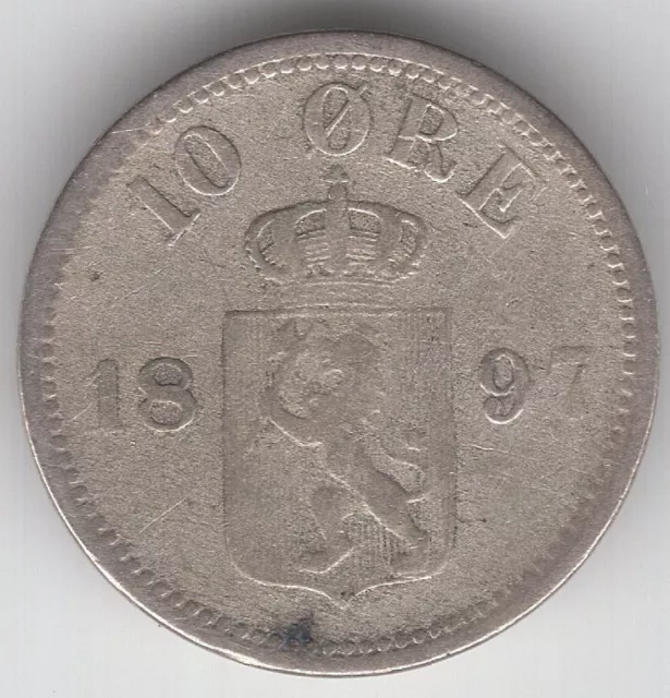 Norwegen - 10 Öre 1897 Silber - Oscar II. - schön bis sehr schön