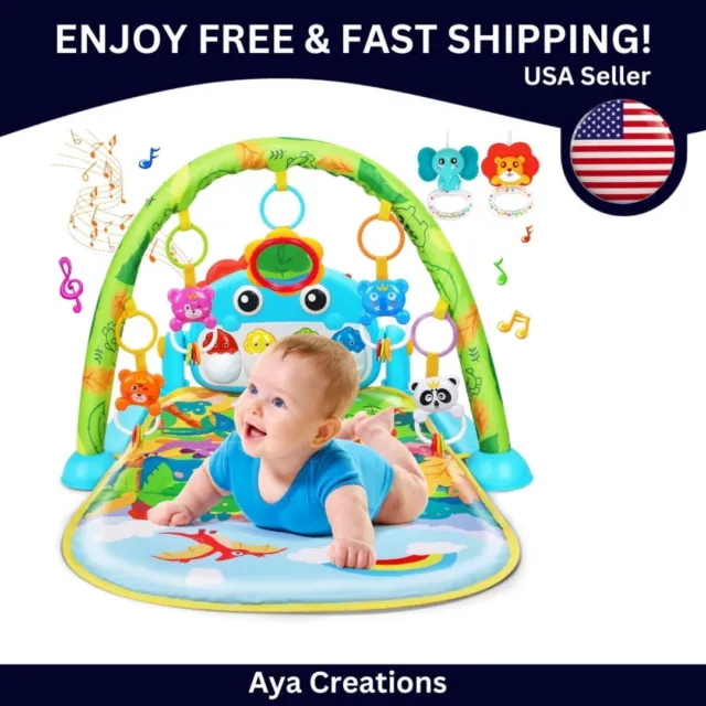 Dinosaur Baby Gym Play Mat - Musical Activity Center with Toys for Tummy Time,