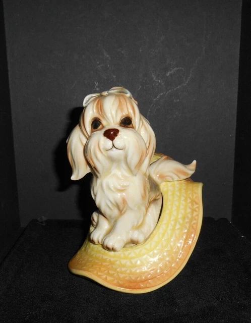 Vintage Ceramic Pekinese Dog Puppy in a Large Straw Hat -Cute!