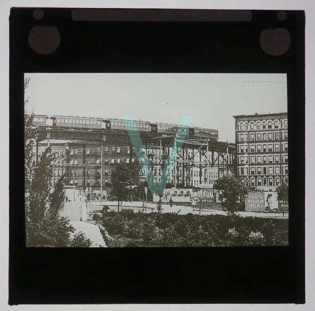 Antique Glass Magic Lantern Slide - Elevated Train - New  York City