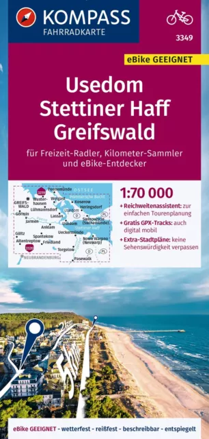 KOMPASS Fahrradkarte 3349 Usedom, Stettiner Haff, Greifswald 1:70.000 | Deutsch