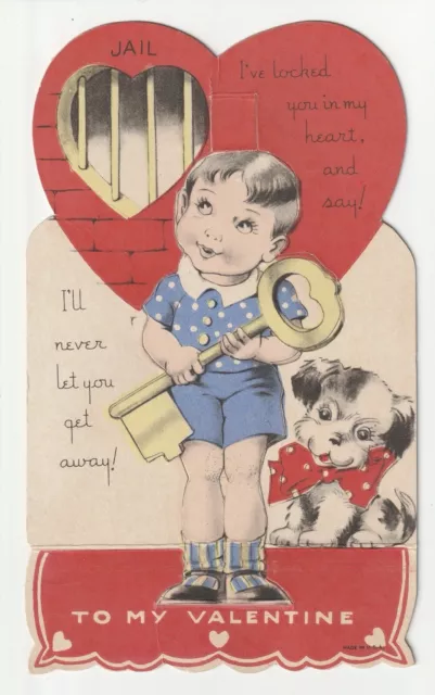 c1950s~IVE LOCKED YOU IN MY HEART~Boy & Puppy Dog~VTG Valentine Table Tent Card