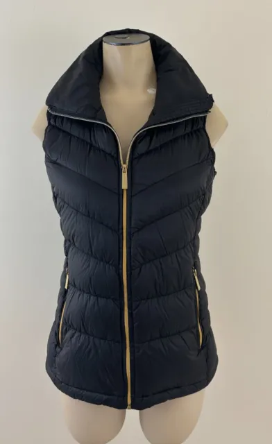 MICHAEL KORS PACKABLE DOWN Womens XS Black Full Gold Zip Pocket Puffer Vest EXC