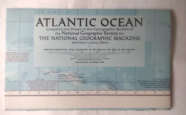 Vintage 1955 National Geographic Map Of The Atlantic Ocean