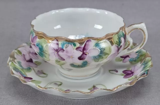 Nippon Hand Painted Purple Violet Flowers & Gold Demitasse Cup & Saucer