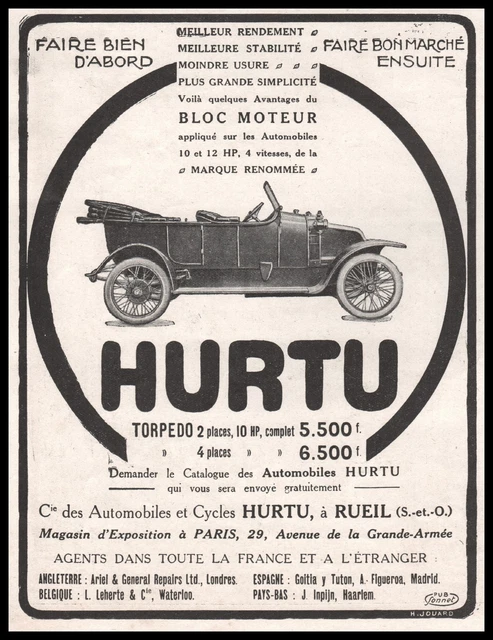 Publicité Automobile HURTU Torpedo  car photo vintage  ad  1914 -1j