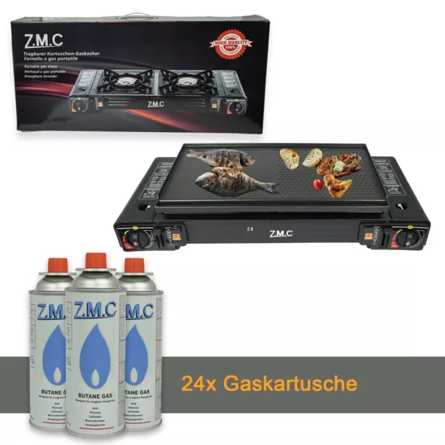 ZMC Cuisinière de Camping 2 à Flamme Extérieur à Gaz Plaque Gril + Cartouches