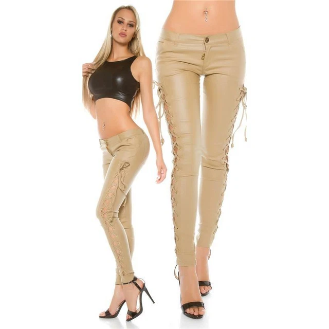 Sexy Donna Pantaloni Sguardo Cuoio con Laccetti Effetto Lucido Beige #H1401