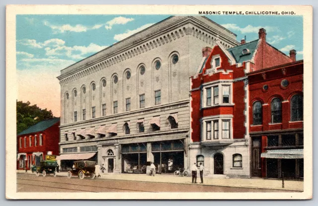 Chillicothe Ohio~Masonic Temple & Main Street~1920s Postcard