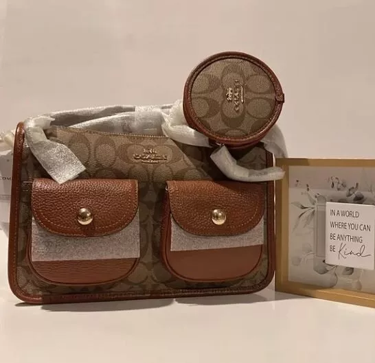 NWT Coach Pennie Crossbody With Coin Case In Signature Canvas Brown Black  C5675