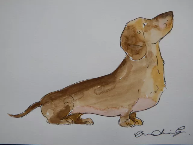 Original Stift & Tinte & Aquarellgemälde eines braunbraunen Dackelhundes