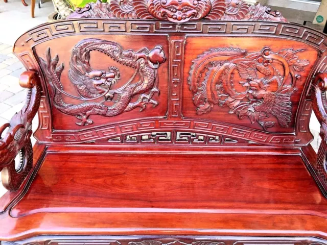 Antique Chinese Hand Carved Rosewood Dragon & Bird Bench Sofa Beautiful 2