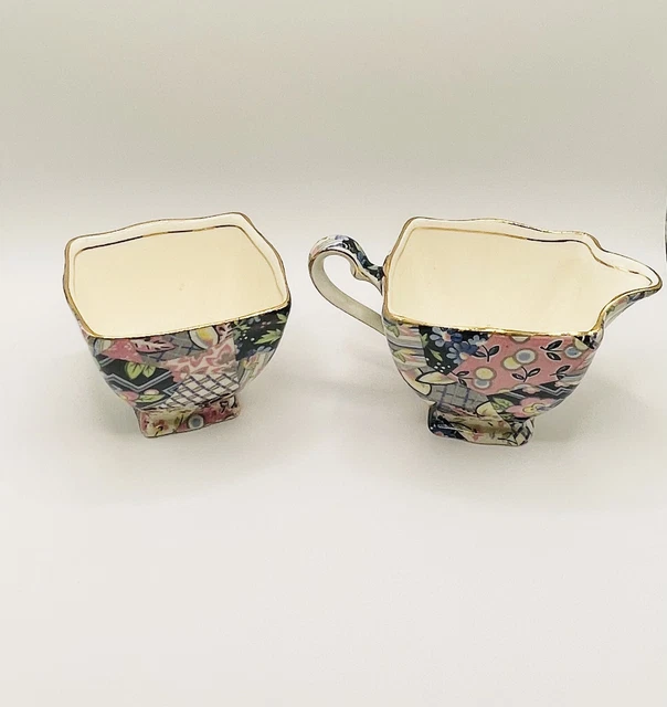 Royal Winton Grimwades Quilt Creamer & Open Sugar England Hand Painted Chintz 3