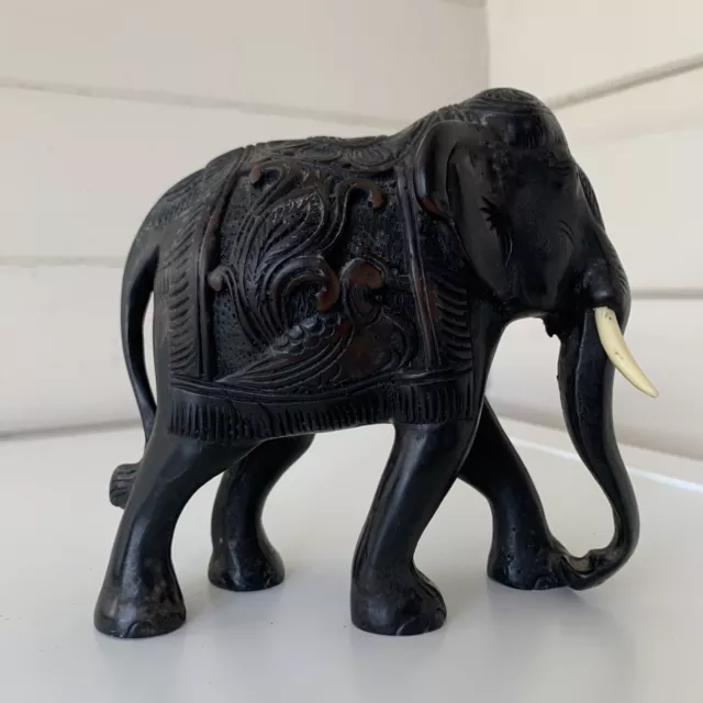 Vintage Wooden EBONY ELEPHANT Figurine Hand Crafted  Statue 12cm High 3