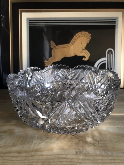 VTG American Brilliant Period Deep Cut Crystal Lead Bowl, 8” Wide “Exquisite”