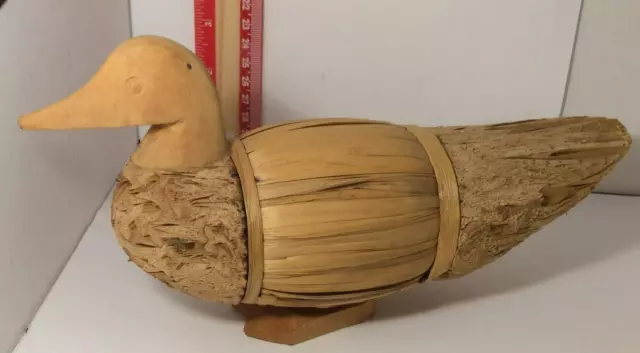 Duck Decoy Corn Husk Hand Carved Wooden Head Vintage Decor