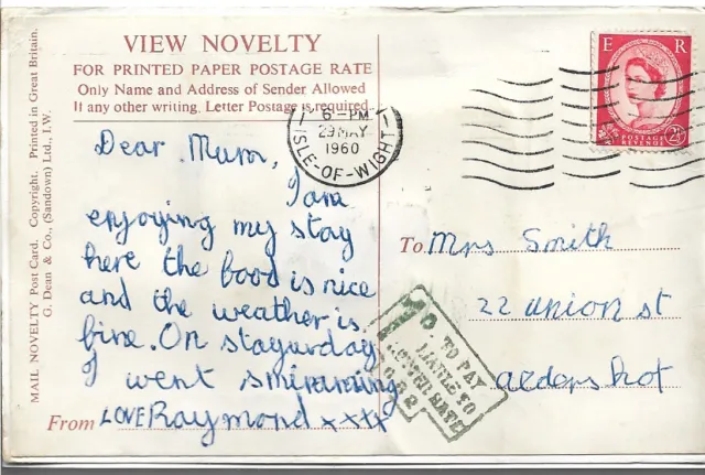 1d TO PAY LIABLE TO LETTER RATE CACHET ON 1960 QEII POSTCARD MY REF 3288
