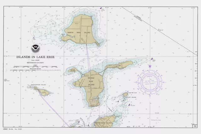 1980 Nautical Map of North Bass and Middle Bass Island Lake Erie