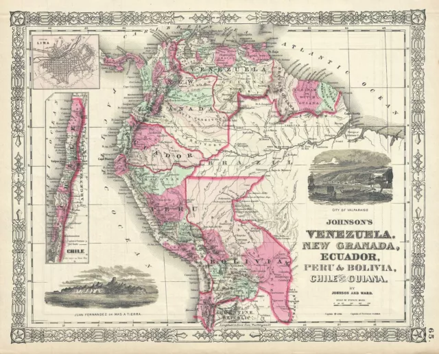 1865 Johnson Map of Venezuela, Colombia, Ecuador, Peru, Bolivia, Chile, Guiana