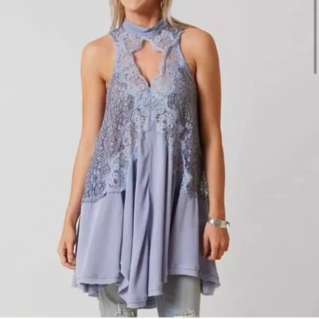 Free People Womens Tell Tale Lace Sleeveless Tunic Top XS Blue Keyhole Boho