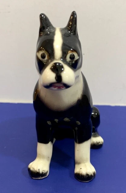 Boston Terrier Black & White Dog Statue Figurine Ceramic Porcelain Made in Japan
