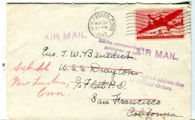 1942 Ee.uu. Militar Correo Aéreo Cubierta De Nuevo Canaan CT Navy Forwarded