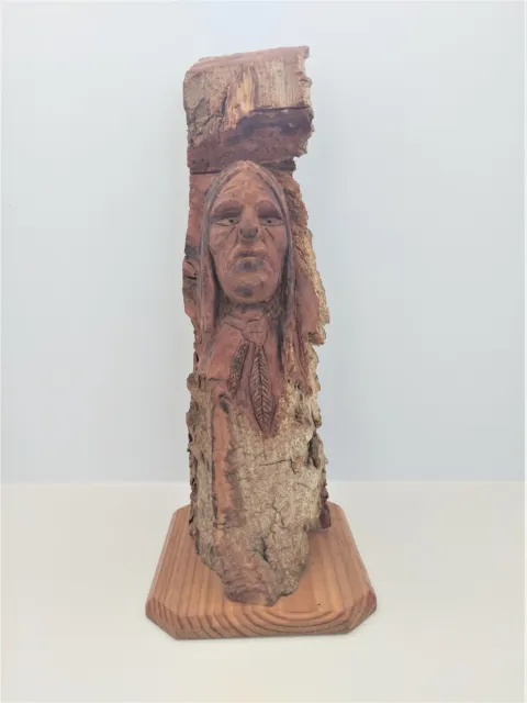 Vintage Wood Carving Western Bust Sculpture Art Native American Chief signed
