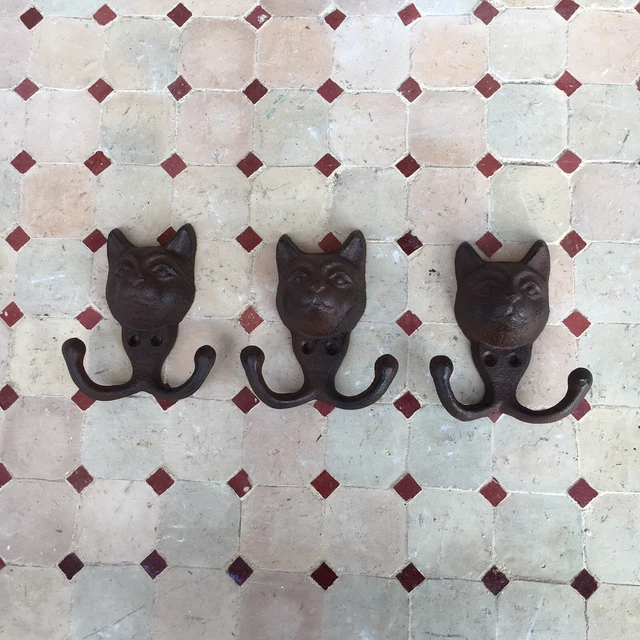 Lot Of 3 Cast Iron Cat Head Hanger Hooks Coat Towel Keys Hat Rack Garden Kitten